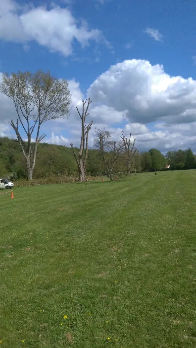 A field with cars parked on the side of it.